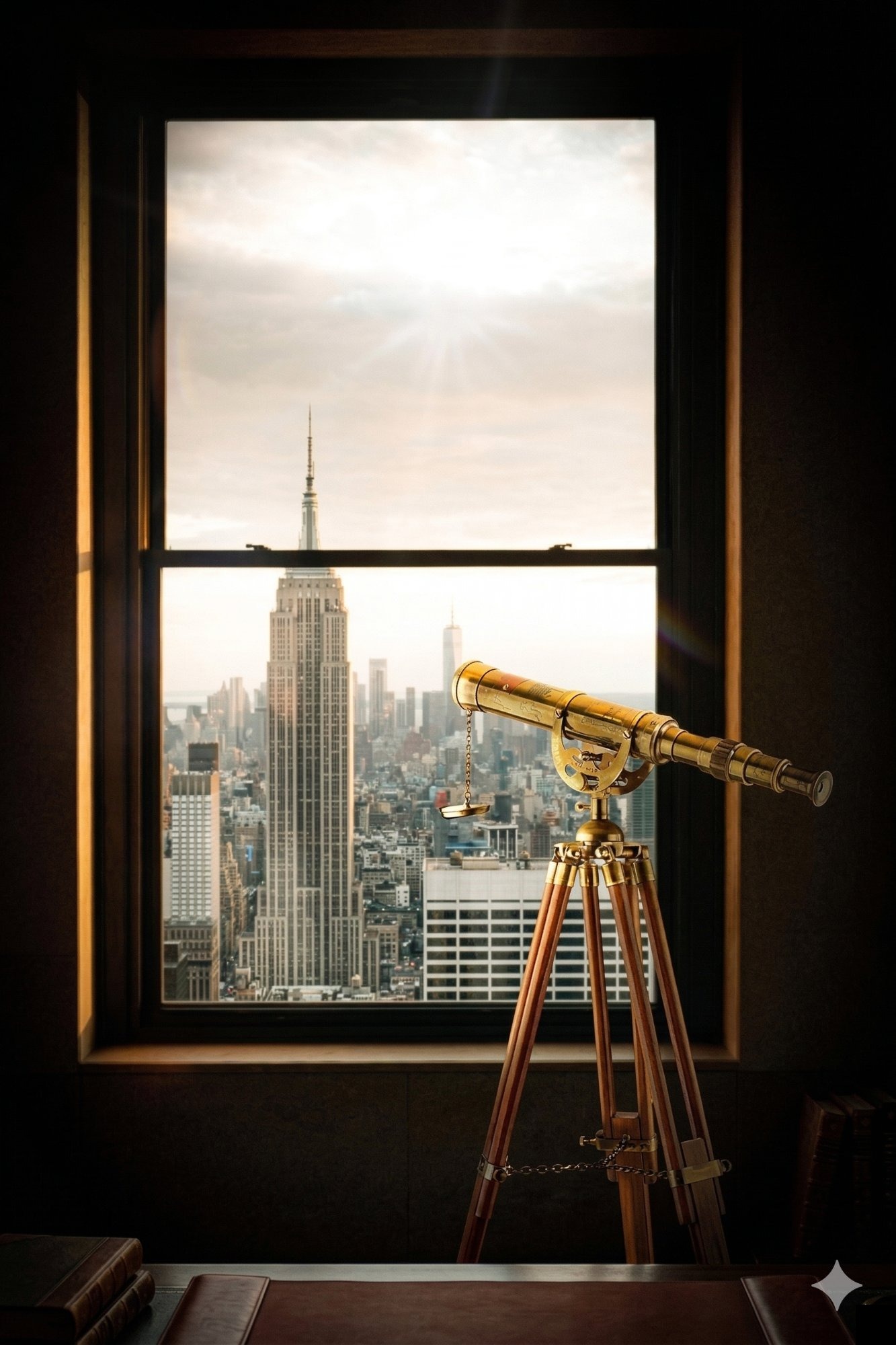 A brass telescope by a window overlooking the New York skyline